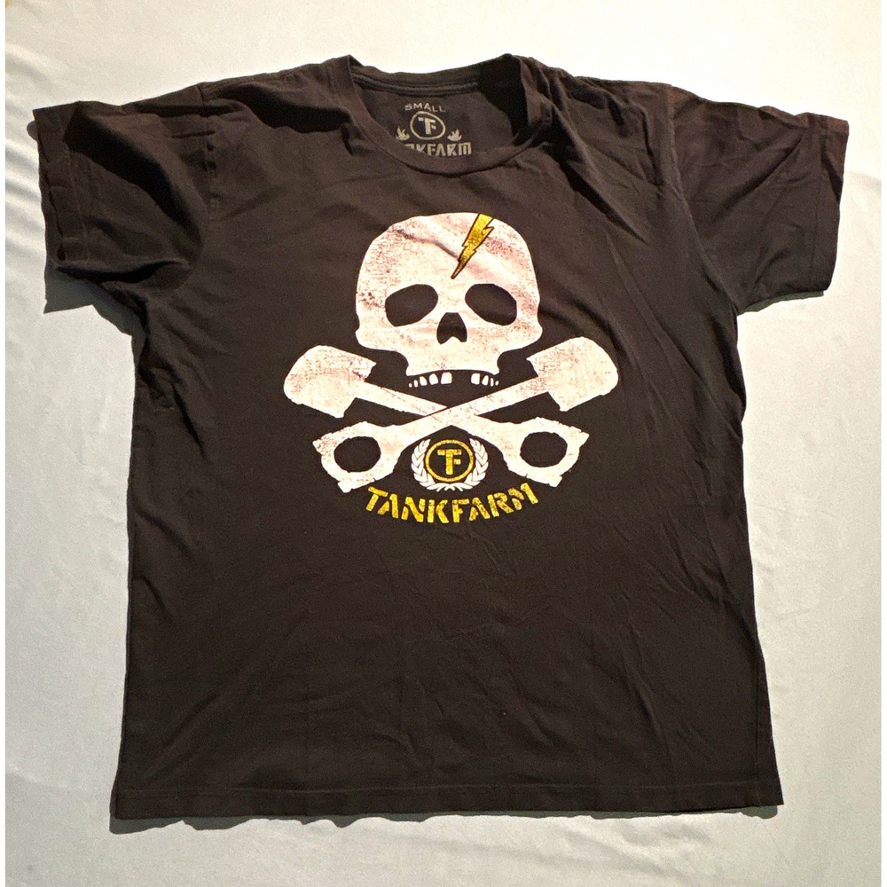 Tankfarm Mens Graphic T-Shirt Small Black Skull Crossbones Piston Lightning Bolt